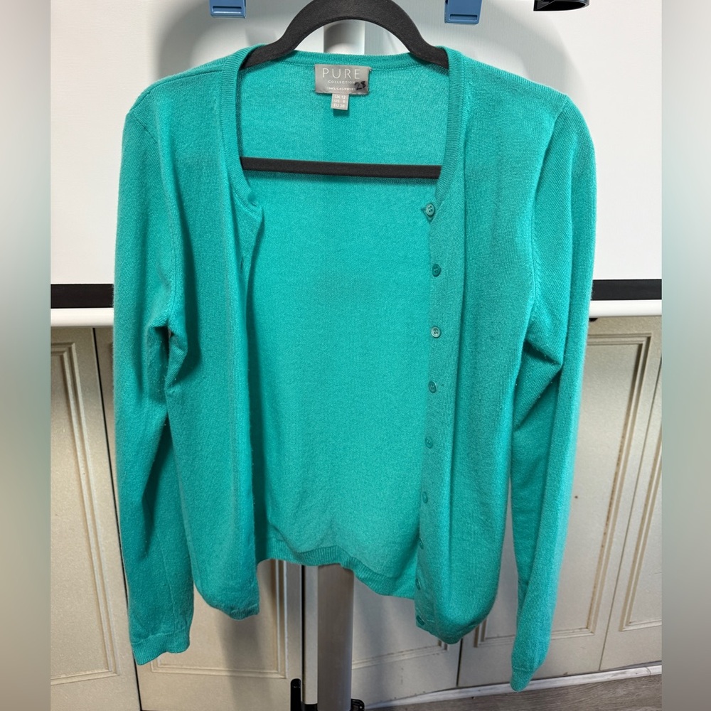 PURE Women's Teal Button-Up Cardigan 100% Cashmere